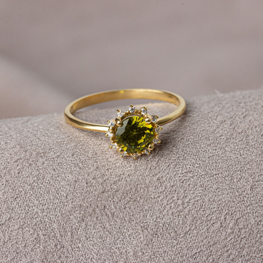 Round Peridot Ring with Real Diamond Around 14K Solid Gold, August Birthstone