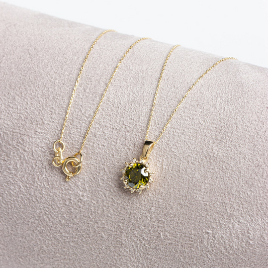 Round Peridot Necklace with Real Diamond, 14K Solid Gold August Birthstone