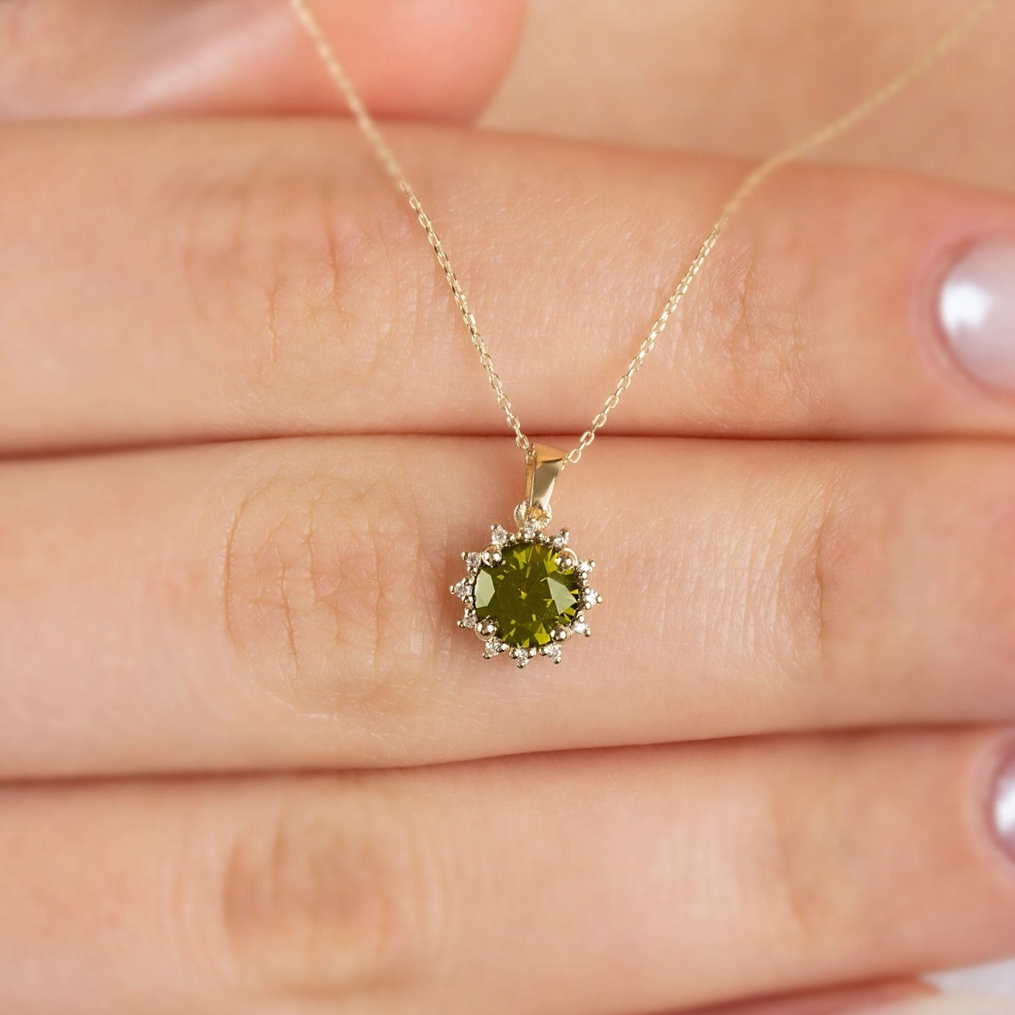 Round Peridot Necklace with Real Diamond, 14K Solid Gold August Birthstone