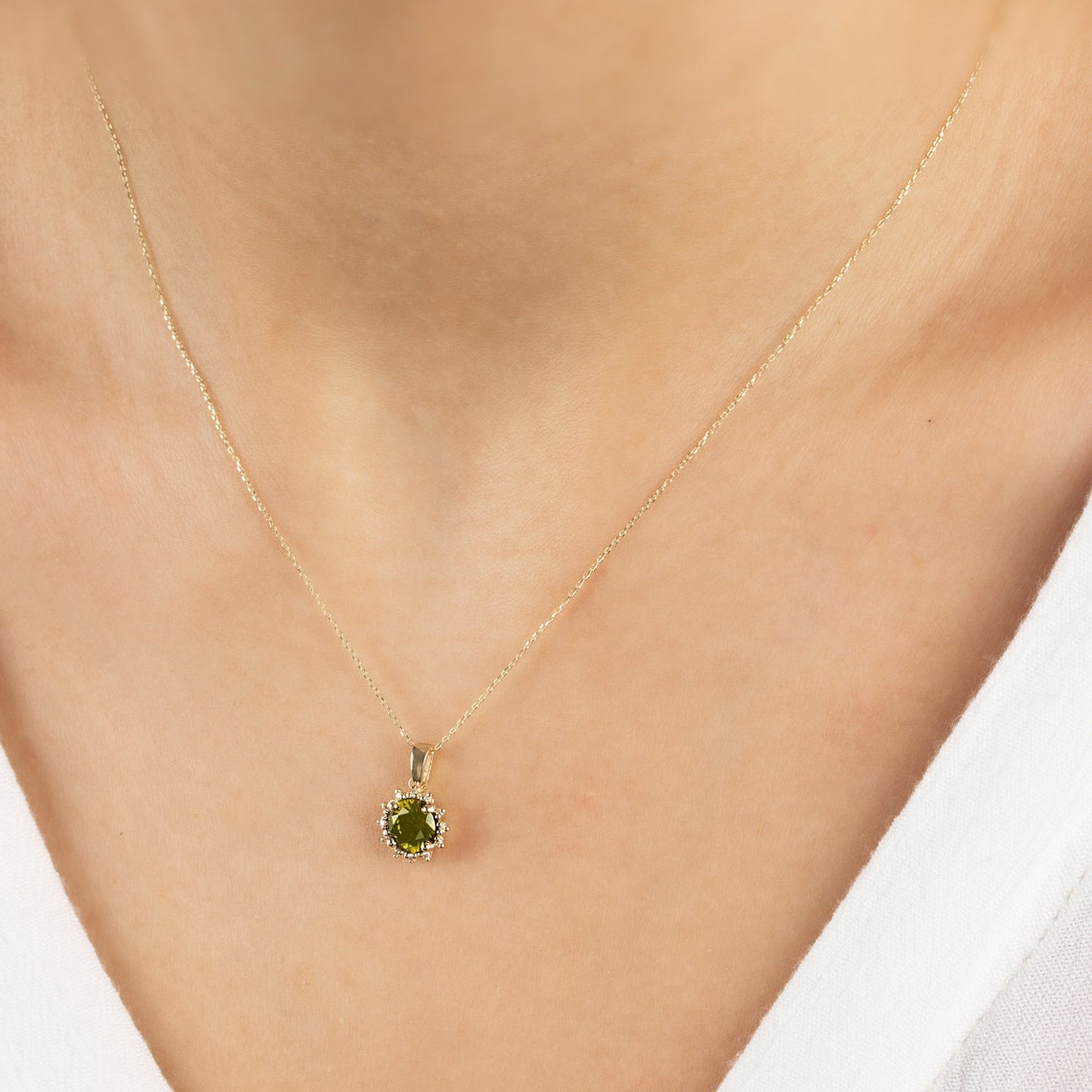 Round Peridot Necklace with Real Diamond, 14K Solid Gold August Birthstone