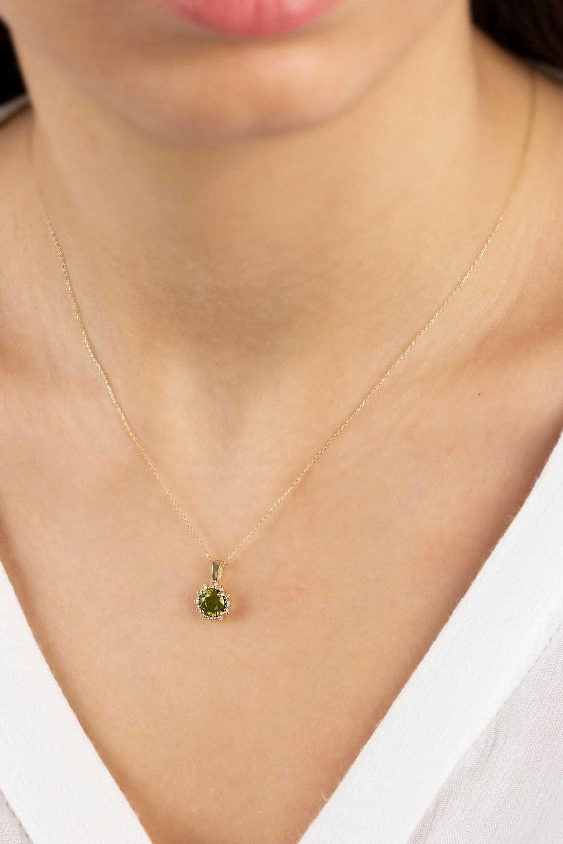 Round Peridot Necklace with Real Diamond, 14K Solid Gold August Birthstone