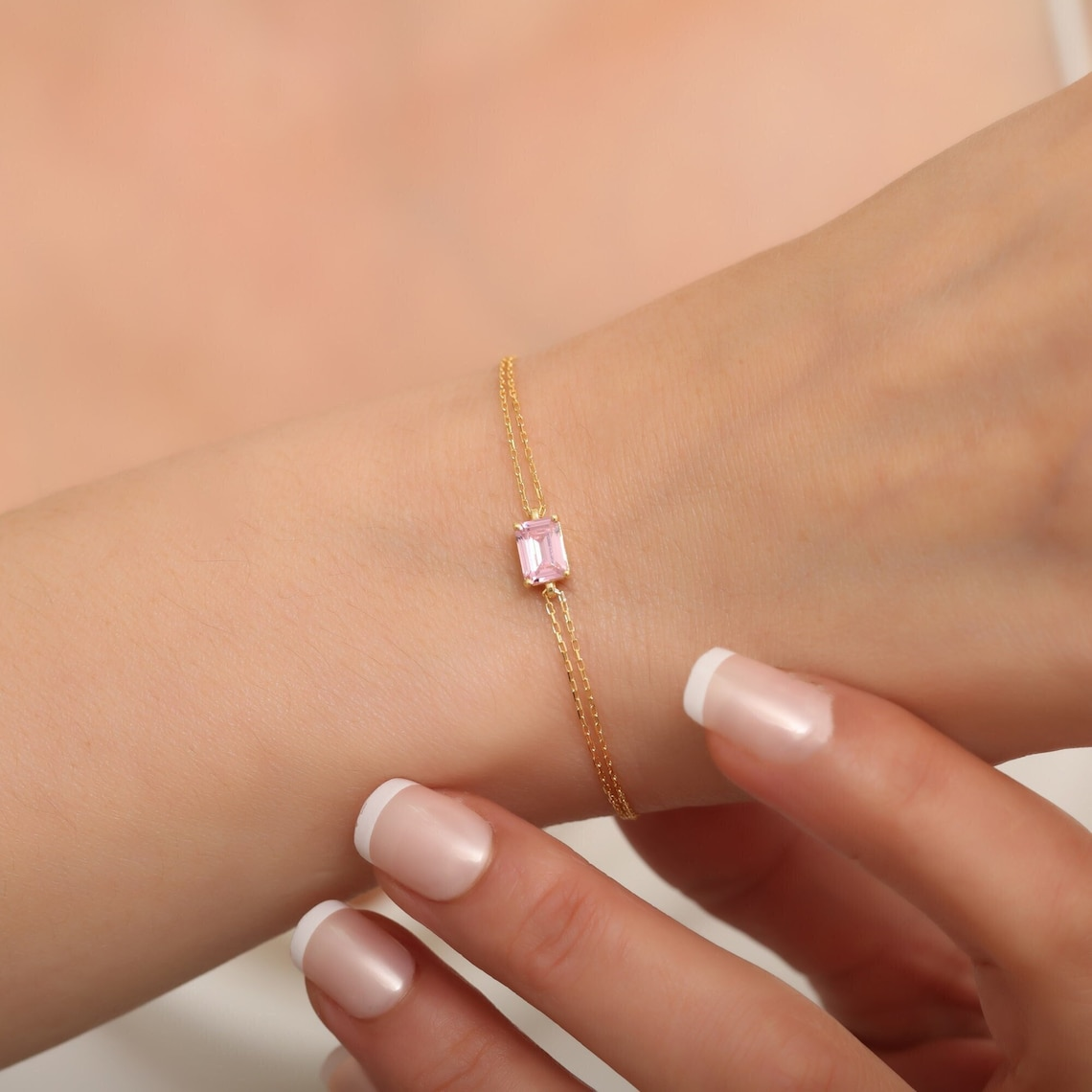 Rectangle Pink Tourmaline Bracelet 14K Solid Gold, Dainty Gold Baguette October Birthstone