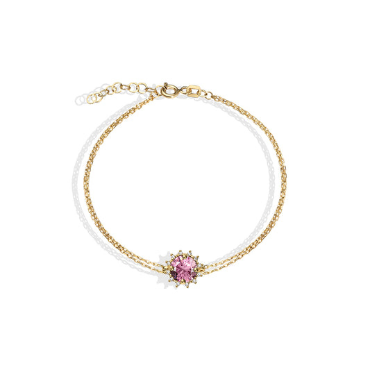 Round Pink Tourmaline Bracelet with Real Diamond, 14K Solid Gold, October Birthstone