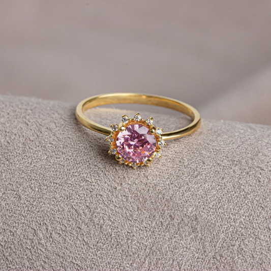 Round Pink Tourmaline Ring with Real Diamond Around 14K Solid Gold, October Birthstone