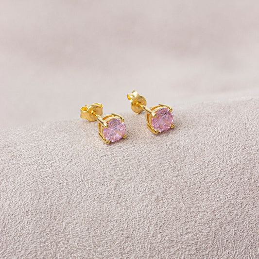 Round Pink Tourmaline Stud Earrings 14K Solid Gold, October Birthstone