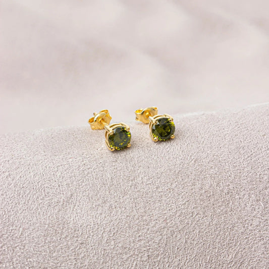 Round Peridot Stud Earrings 14K Solid Gold, August Birthstone