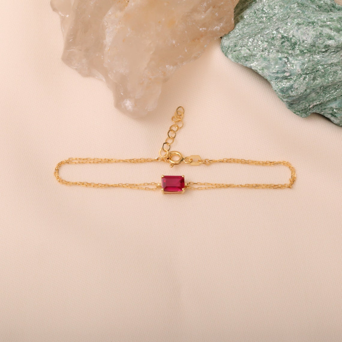 Rectangle Ruby Bracelet 14K Solid Gold, Dainty Gold Baguette July Birthstone