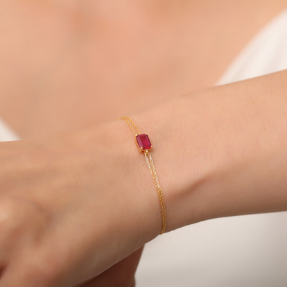 Rectangle Ruby Bracelet 14K Solid Gold, Dainty Gold Baguette July Birthstone