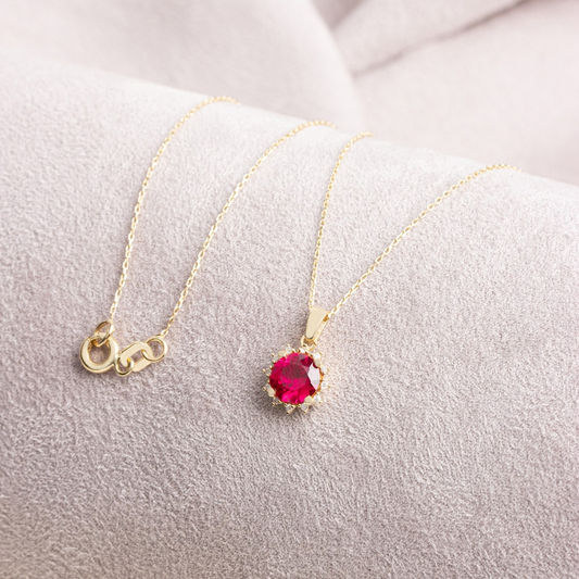 Round Ruby Necklace with Real Diamond, 14K Solid Gold July Birthstone