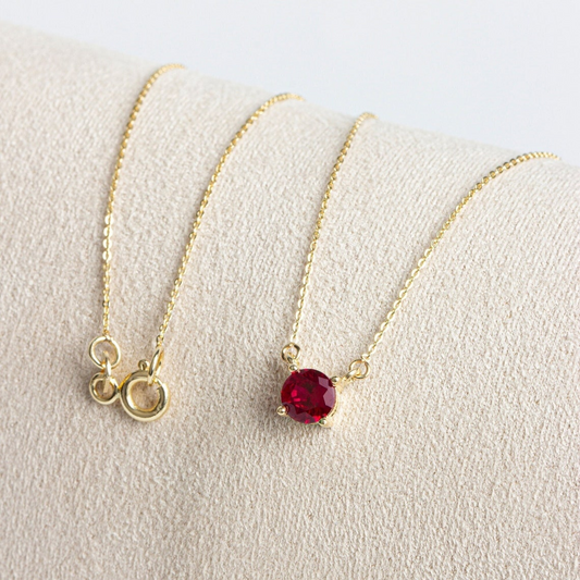 Double Hoop Ruby Necklace 14K Solid Gold, Round July Minimalist Jewelry