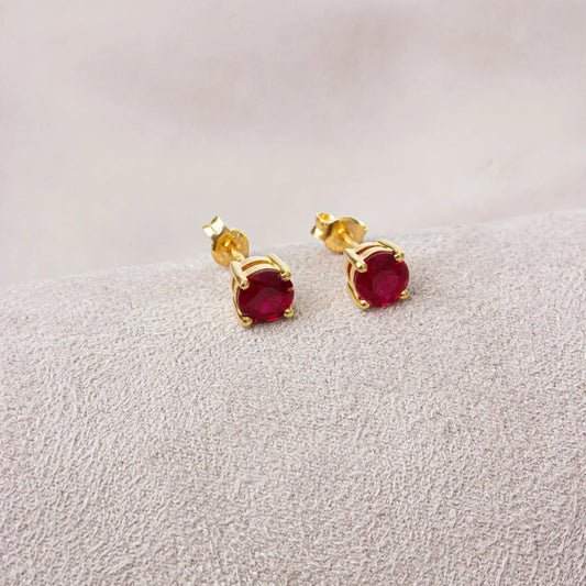 Round Ruby Stud Earrings 14K Solid Gold, July Birthstone