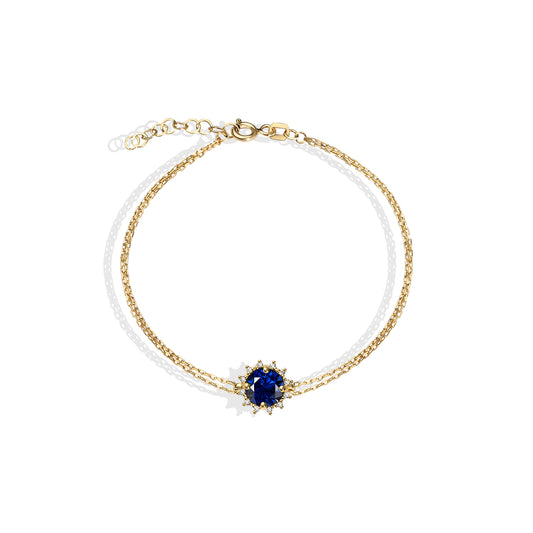 Round Sapphire Bracelet with Real Diamond, 14K Solid Gold, September Birthstone