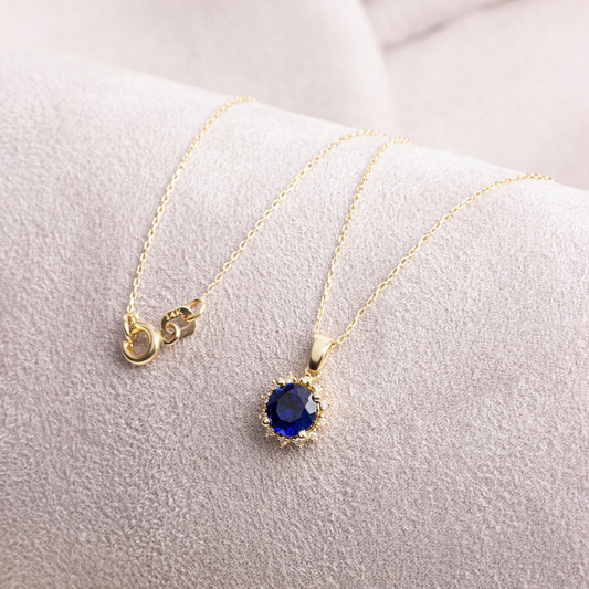 Round Sapphire Necklace with Real Diamond, 14K Solid Gold September Birthstone