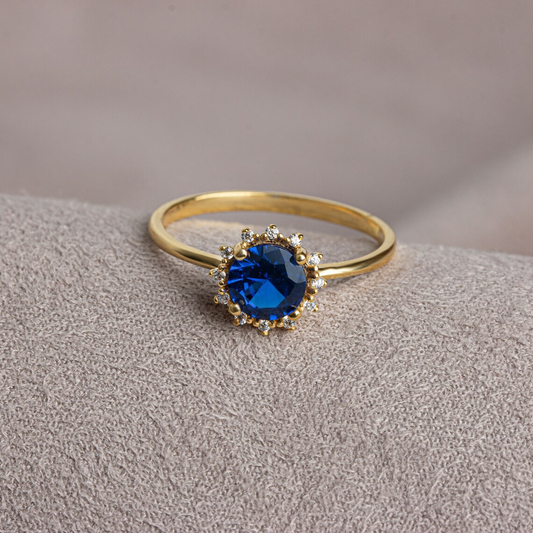 Round Sapphire Ring with Real Diamond Around 14K Solid Gold, September Birthstone