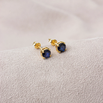 Round Sapphire Stud Earrings 14K Solid Gold, September Birthstone