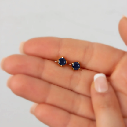 Round Sapphire Stud Earrings 14K Solid Gold, September Birthstone