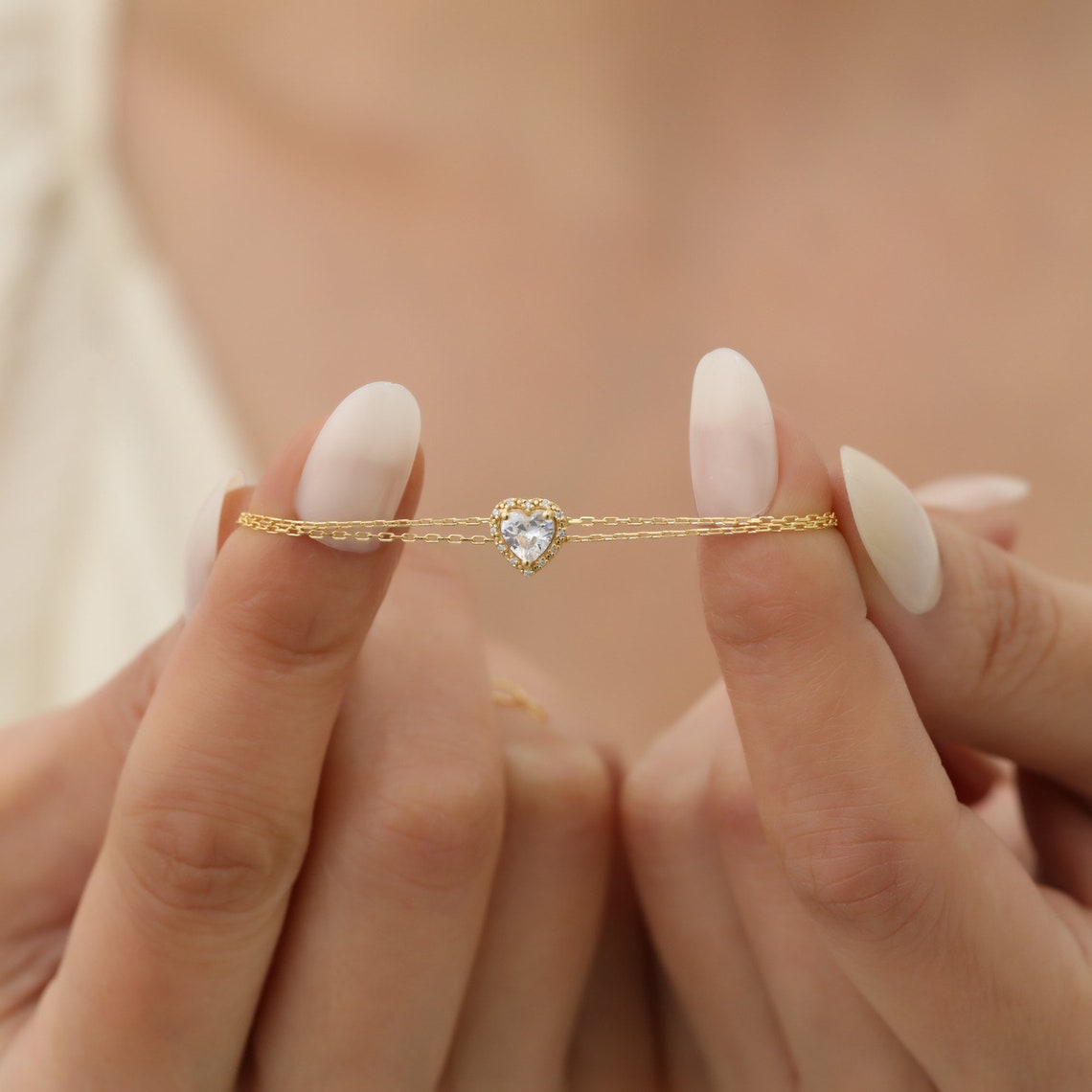 White Topaz Heart Bracelet with Real Diamond, 14K Solid Gold, April Birthstone