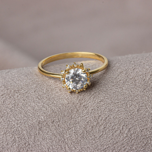 Round White Topaz Ring with Real Diamond Around 14K Solid Gold, April Birthstone