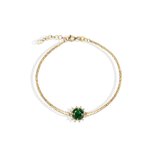 Round Emerald Bracelet with Real Diamond, 14K Solid Gold, May Birthstone