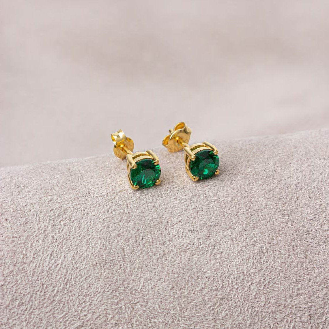 Round Emerald Stud Earrings 14K Solid Gold, May Birthstone