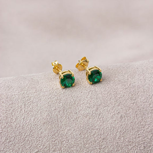 Round Emerald Stud Earrings 14K Solid Gold, May Birthstone