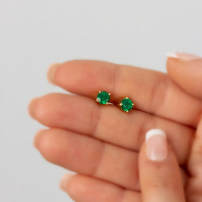 Round Emerald Stud Earrings 14K Solid Gold, May Birthstone