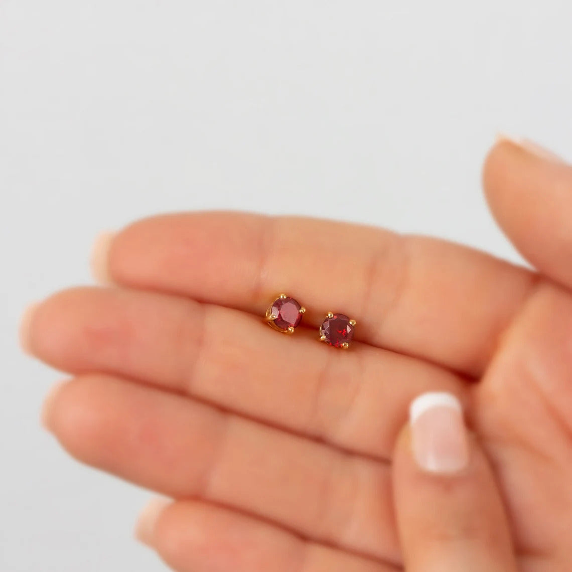 Round Garnet Stud Earrings 14K Solid Gold, January Birthstone