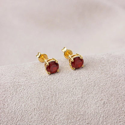 Round Garnet Stud Earrings 14K Solid Gold, January Birthstone