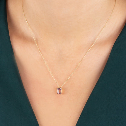 14K Solid Gold Pink Tourmaline Necklace - Minimalist Rectangular Pendant, Perfect Gift for Mother's Day - Girlfriend - Wife