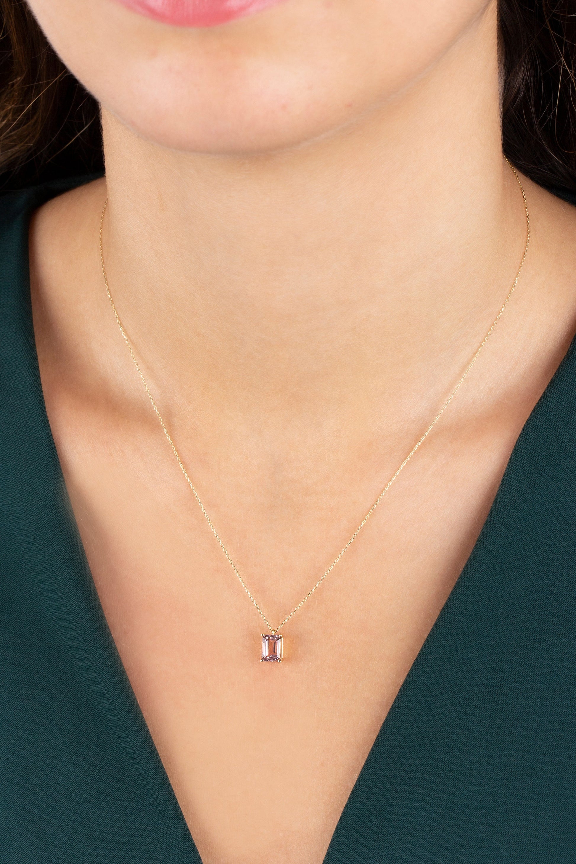 14K Solid Gold Pink Tourmaline Necklace - Minimalist Rectangular Pendant, Perfect Gift for Mother's Day - Girlfriend - Wife