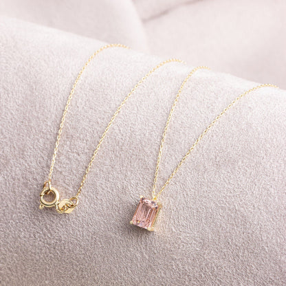 14K Solid Gold Pink Tourmaline Necklace - Minimalist Rectangular Pendant, Perfect Gift for Mother's Day - Girlfriend - Wife