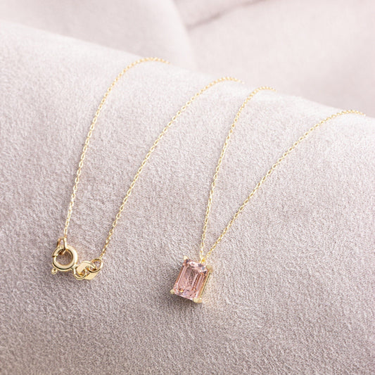 14K Solid Gold Pink Tourmaline Necklace - Minimalist Rectangular Pendant, Perfect Gift for Mother's Day - Girlfriend - Wife