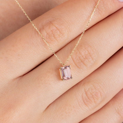 14K Solid Gold Pink Tourmaline Necklace - Minimalist Rectangular Pendant, Perfect Gift for Mother's Day - Girlfriend - Wife