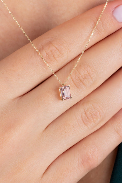 14K Solid Gold Pink Tourmaline Necklace - Minimalist Rectangular Pendant, Perfect Gift for Mother's Day - Girlfriend - Wife