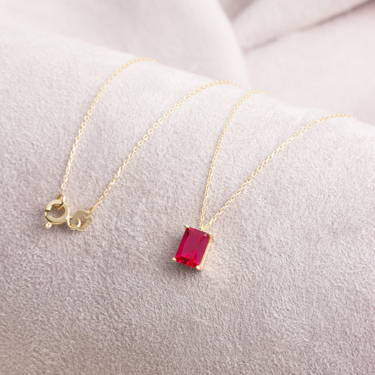 Rectangle Ruby Necklace 14K Solid Gold, Minimalist Birthstone Jewelry, Rectangle Necklace, Perfect Gift for Mother's Day - Girlfriend - Wife