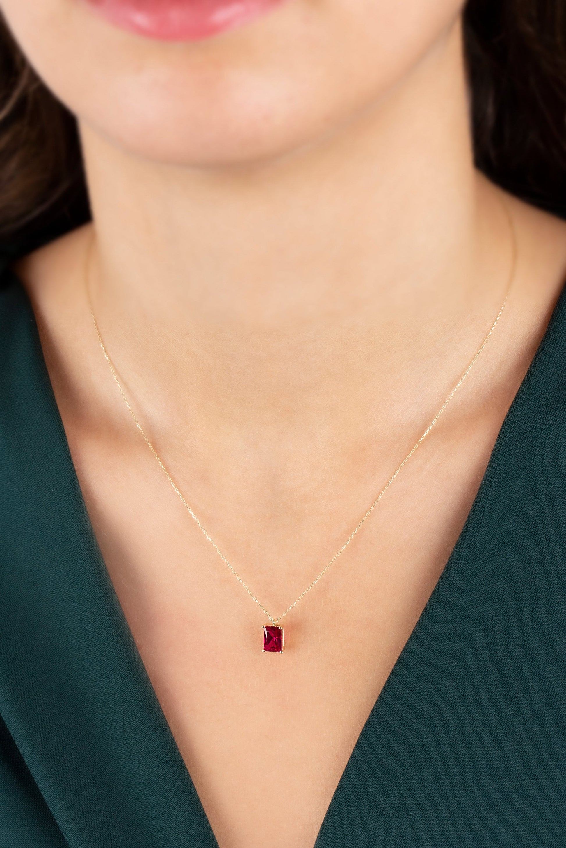 Rectangle Ruby Necklace 14K Solid Gold, Minimalist Birthstone Jewelry, Rectangle Necklace, Perfect Gift for Mother's Day - Girlfriend - Wife