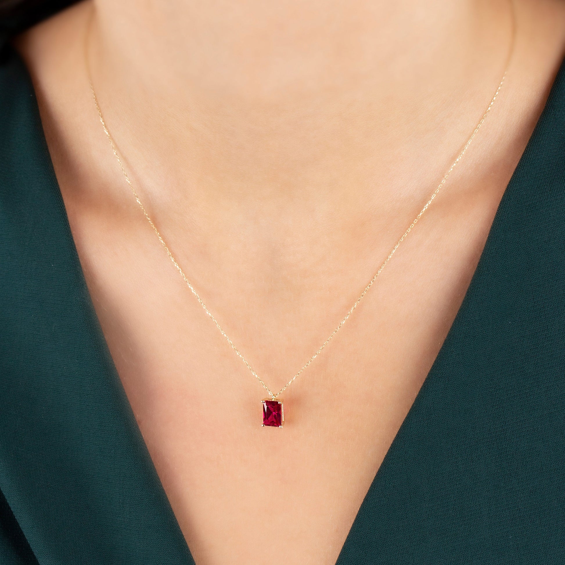 Rectangle Ruby Necklace 14K Solid Gold, Minimalist Birthstone Jewelry, Rectangle Necklace, Perfect Gift for Mother's Day - Girlfriend - Wife