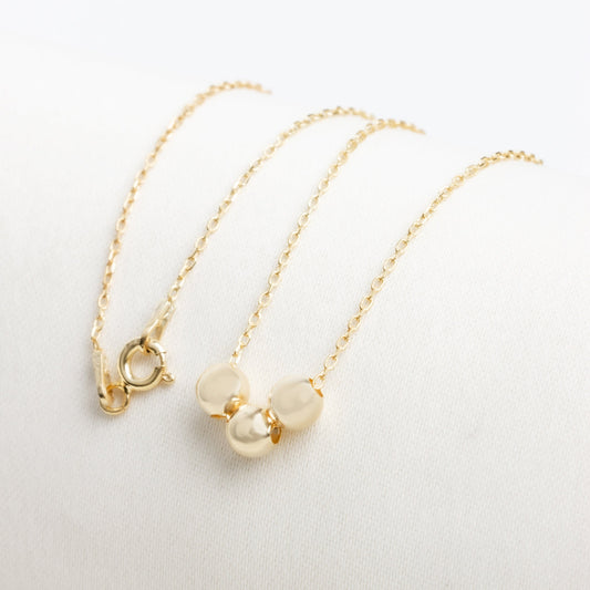 14K Solid Gold Floating Necklace - Minimalist Triple Sphere, Three Ball Side by Side Bead Design, Perfect Gift for Mother's Day