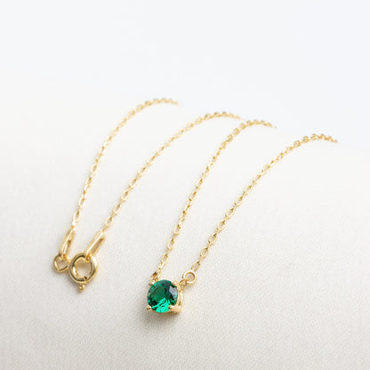 Emerald Necklace - 14K Solid Gold Double Hoop with Round Emerald, Elegant & Minimalist May Jewelry, Perfect Gift for Mother's Day, Wife