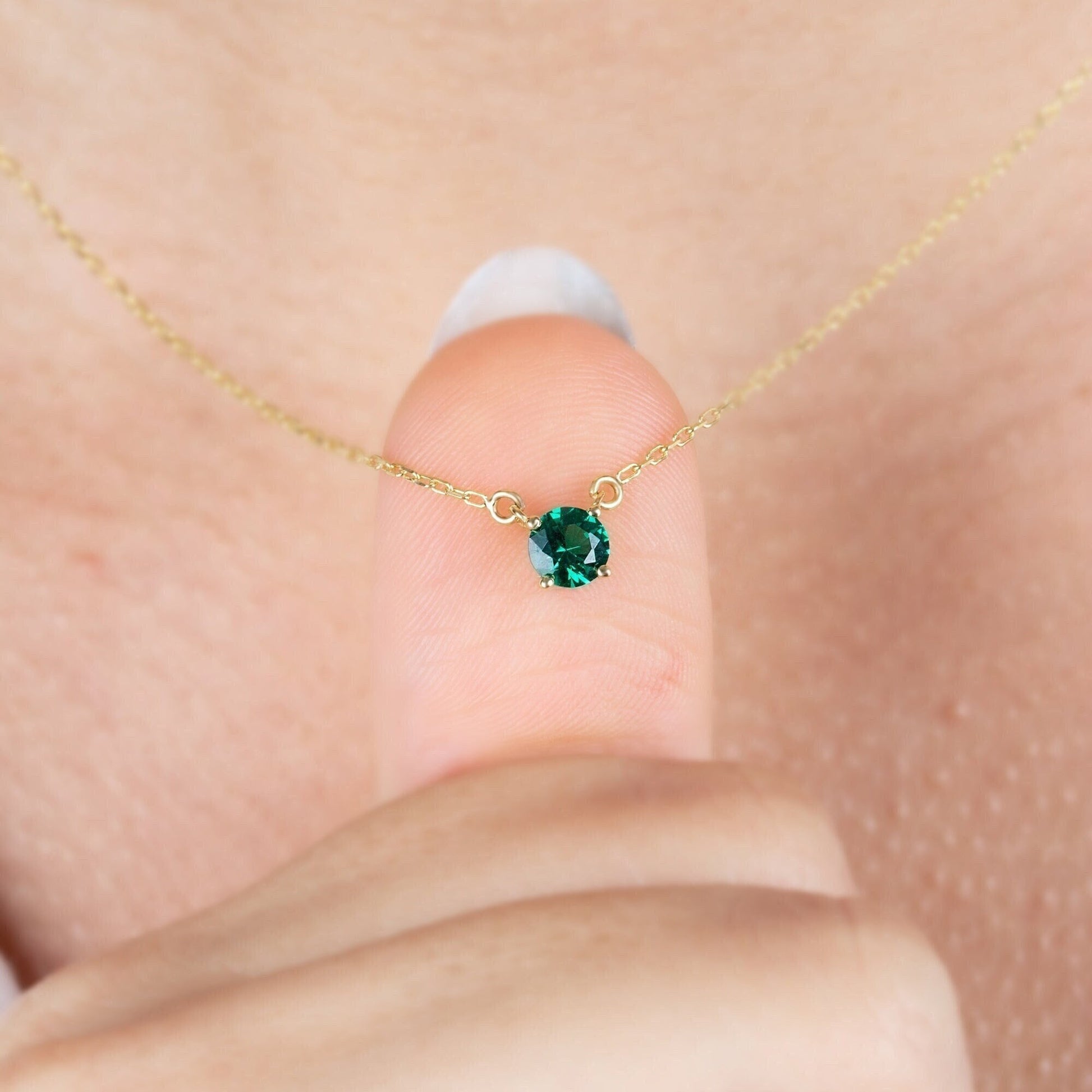 Emerald Necklace - 14K Solid Gold Double Hoop with Round Emerald, Elegant & Minimalist May Jewelry, Perfect Gift for Mother's Day, Wife