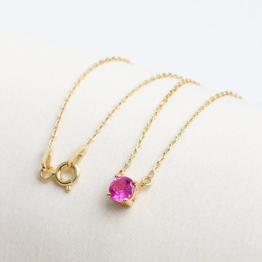 Round Pink Sapphire Necklace 14K Solid Gold, Elegant Design Minimalist Birthstone Necklace,Perfect Gift for Mother's Day - Girlfriend - Wife