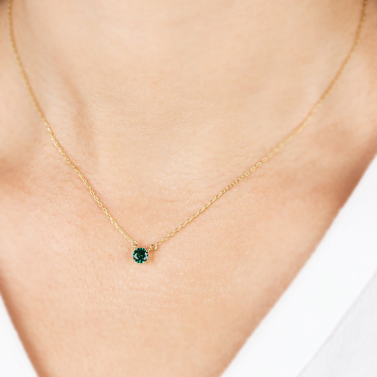 Emerald Necklace - 14K Solid Gold Double Hoop with Round Emerald, Elegant & Minimalist May Jewelry, Perfect Gift for Mother's Day, Wife