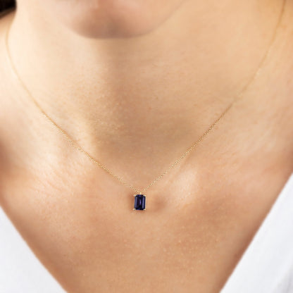 Rectangle Sapphire Necklace 14K Solid Gold, Minimalist Birthstone Rectangle Necklace, Perfect Gift for Mother's Day - Girlfriend - Wife