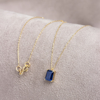 Rectangle Sapphire Necklace 14K Solid Gold, Minimalist Birthstone Rectangle Necklace, Perfect Gift for Mother's Day - Girlfriend - Wife