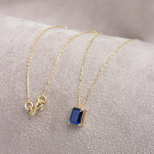 Rectangle Sapphire Necklace 14K Solid Gold, Minimalist Birthstone Rectangle Necklace, Perfect Gift for Mother's Day - Girlfriend - Wife