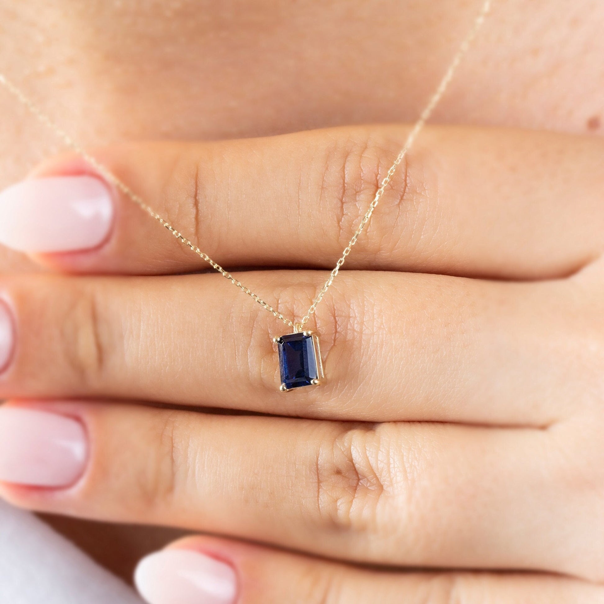 Rectangle Sapphire Necklace 14K Solid Gold, Minimalist Birthstone Rectangle Necklace, Perfect Gift for Mother's Day - Girlfriend - Wife