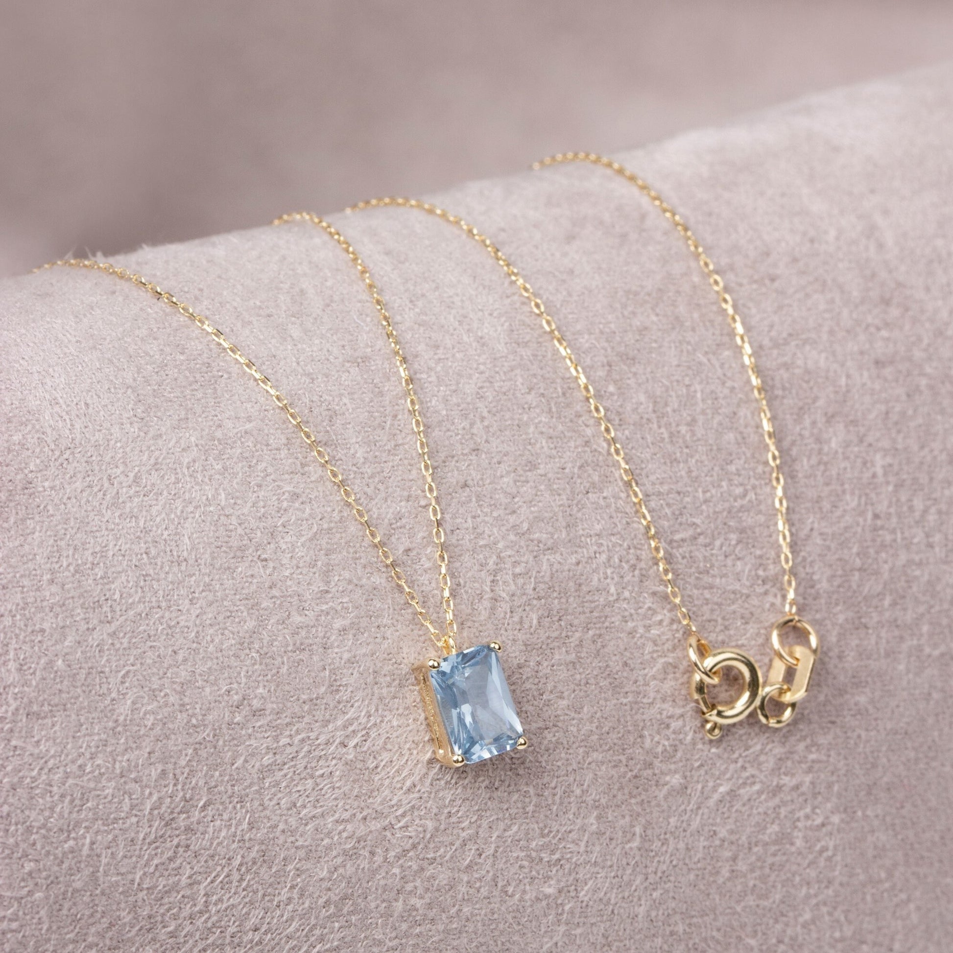 Rectangle Aquamarine Necklace 14K Solid Gold, March Birthstone Rectangle Necklace, Perfect Gift for Mother's Day - Girlfriend - Wife