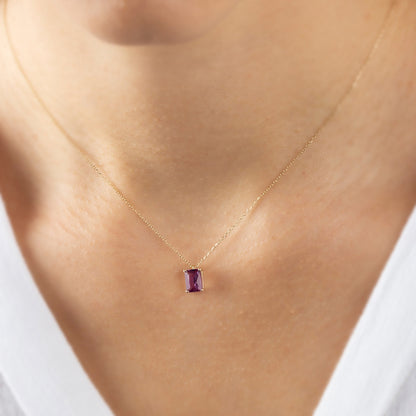 Rectangle Amethyst Necklace 14K Solid Gold, Minimalist February Sign Necklace, Perfect Gift for Mother's Day - Girlfriend - Wife