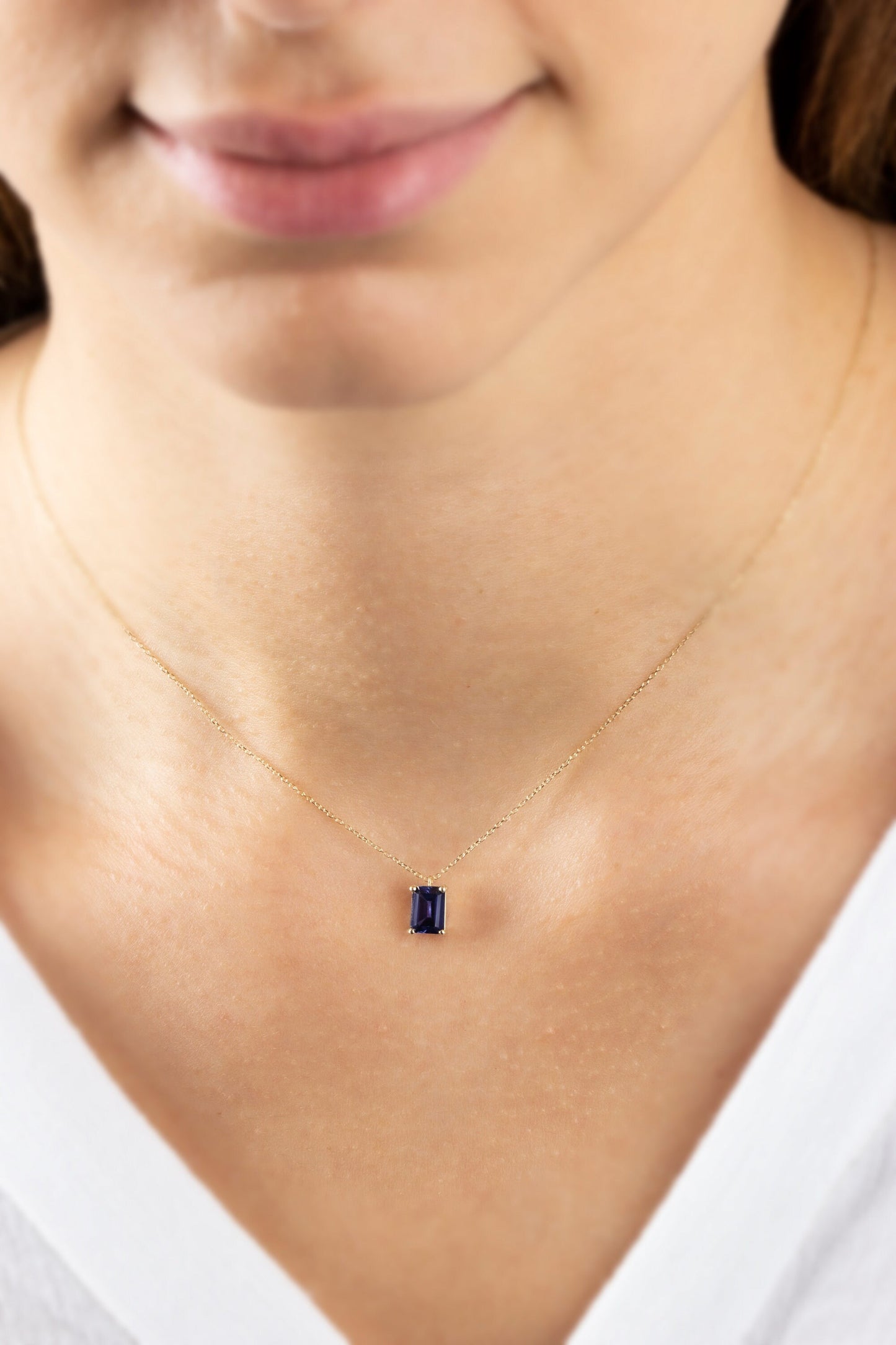 Rectangle Sapphire Necklace 14K Solid Gold, Minimalist Birthstone Rectangle Necklace, Perfect Gift for Mother's Day - Girlfriend - Wife