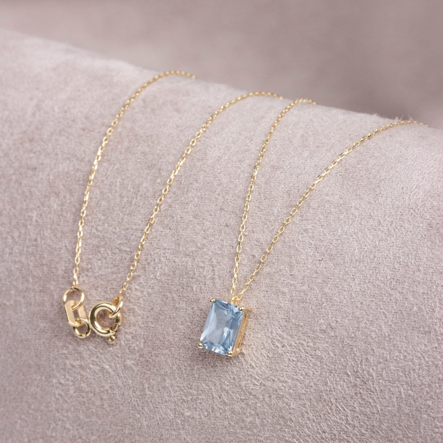 Rectangle Aquamarine Necklace 14K Solid Gold, March Birthstone Rectangle Necklace, Perfect Gift for Mother's Day - Girlfriend - Wife